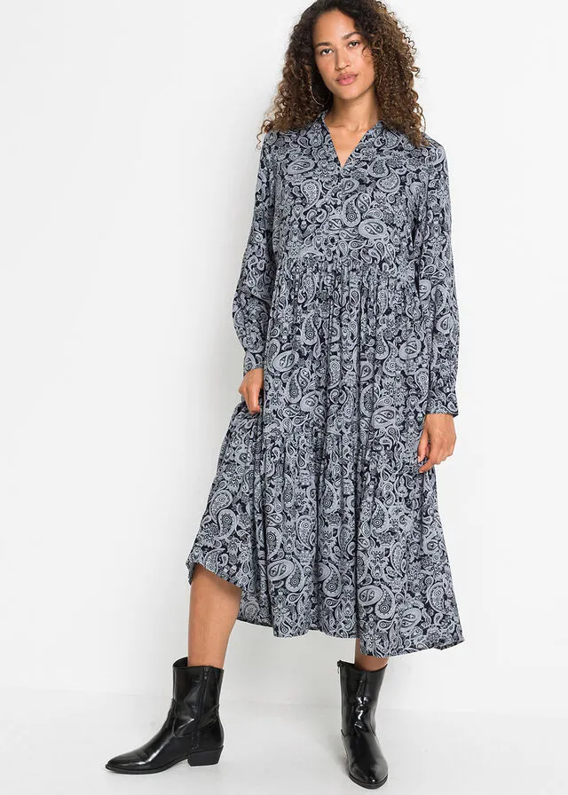 VESTIDO MIDI CON ESTAMPADO NEGROGRIS CON PATRóN PAISLEY